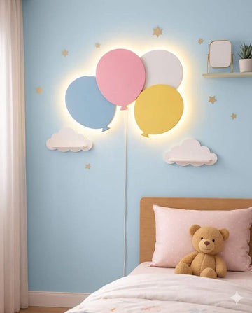 HandCrafted Wooden Balloon Wall Lamp-Warm LED Kids Room Night Light
