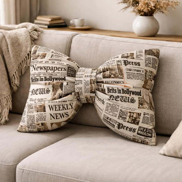 Printed Velvet Decorative Filled Bow Pillow 12*20 Inches-Newspaper Print