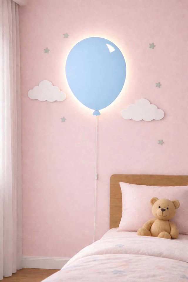 HandCrafted Wooden Balloon Wall Lamp-Warm LED Kids Room Night Light
