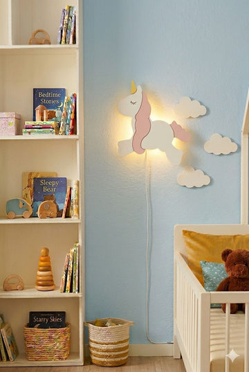 Handcrafted Unicorn-Shaped Wooden Wall Lamp – Warm LED lamp for Kids Room