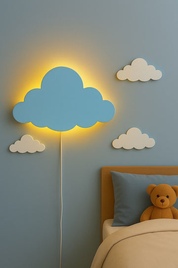 HandCrafted Wooden Cloud Wall Lamp-Warm LED Kids Room Night Light