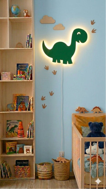 Handcrafted Dino-Shaped Wooden Wall Lamp – Warm LED for Kids Room