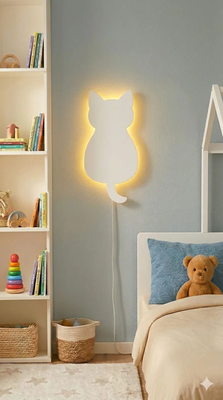 Handcrafted Cat-Shaped Wooden Wall Lamp – Warm LED for Kids Room