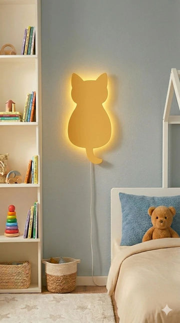 Handcrafted Cat-Shaped Wooden Wall Lamp – Warm LED for Kids Room