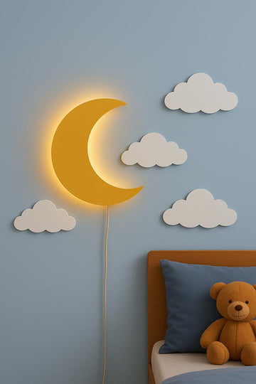 HandCrafted Wooden Moon Wall Lamp-Warm LED Kids Room Night Light