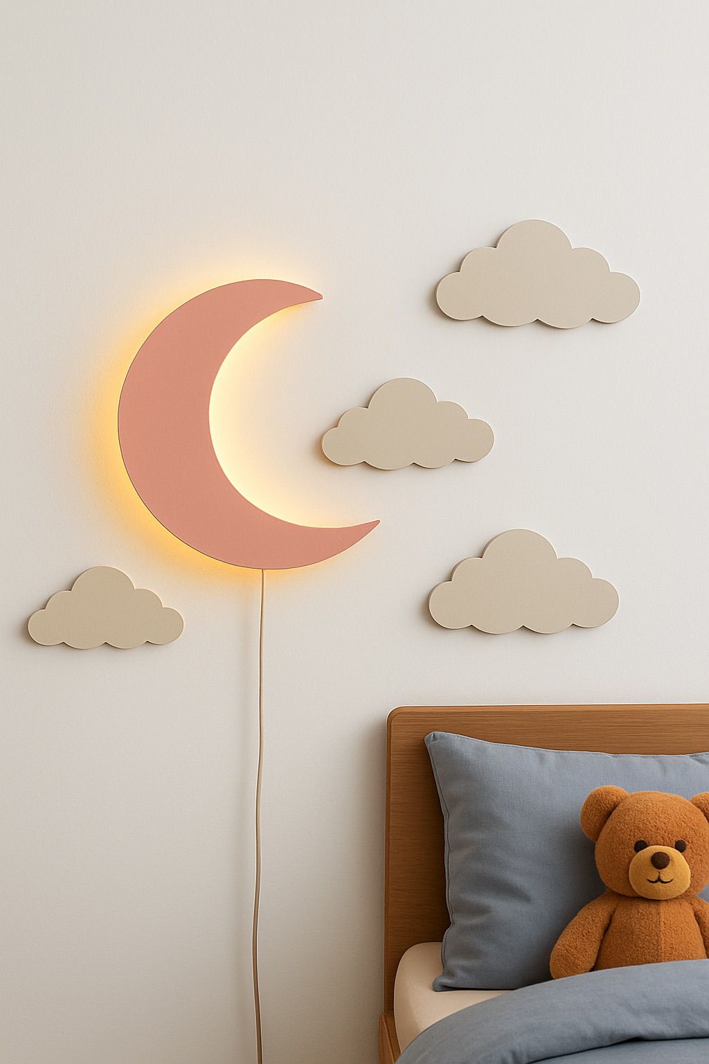 HandCrafted Wooden Moon Wall Lamp-Warm LED Kids Room Night Light