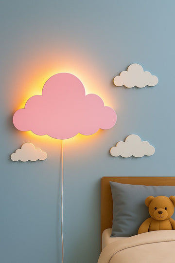 HandCrafted Wooden Cloud Wall Lamp-Warm LED Kids Room Night Light