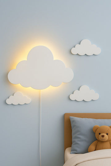 HandCrafted Wooden Cloud Wall Lamp-Warm LED Kids Room Night Light